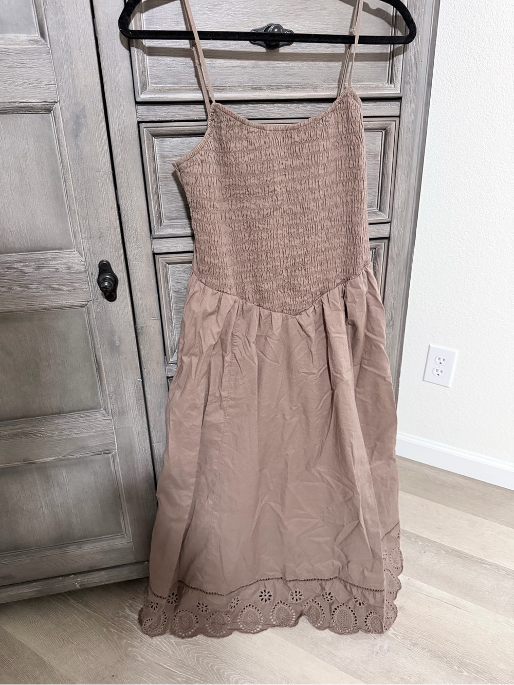 American Eagle Outfitters Taupe Smocked Midi Dress with Eyelet Hem
